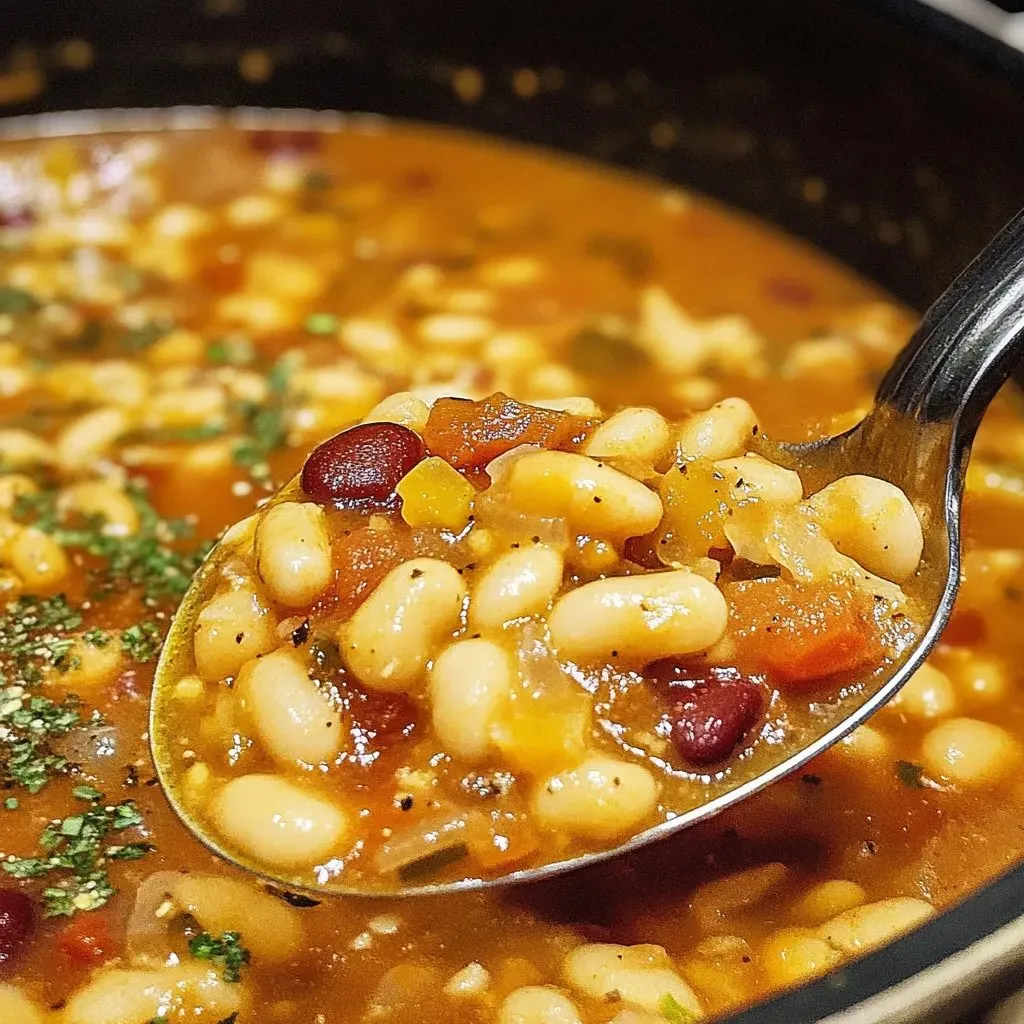 Une cuillère en argent est plongée dans une soupe italienne à base de haricots, de pâtes et de tomates.