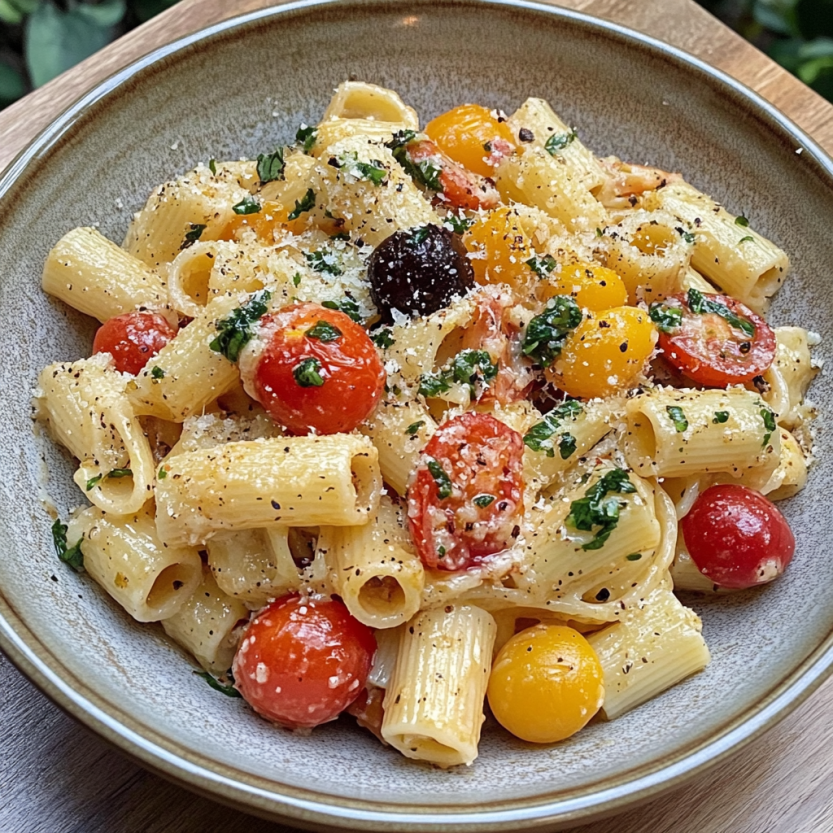 Une assiette de pasta avec des tomates, des oignons, des aubergines et des olives.