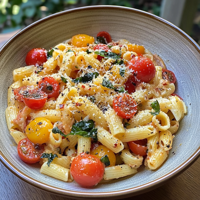 Une assiette de pasta salade avec des tomates, des épinards et des herbes.