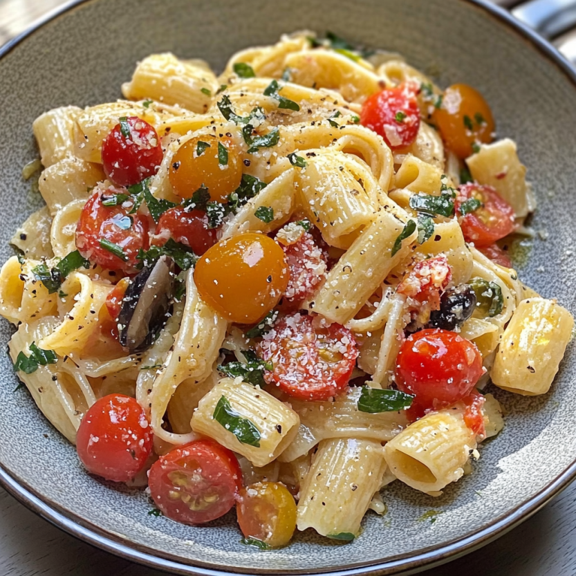 Une assiette de spaghetti avec des tomates, des oignons, des herbes et des tomates séchées.