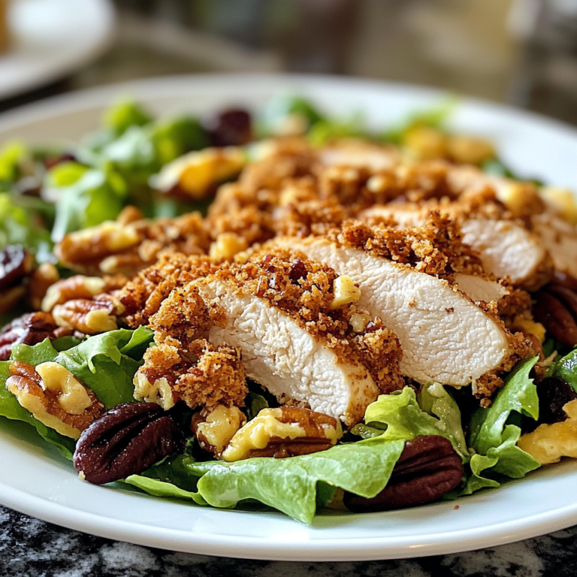 Une salade de poulet croustillé avec des noix de pecan et des légumes.