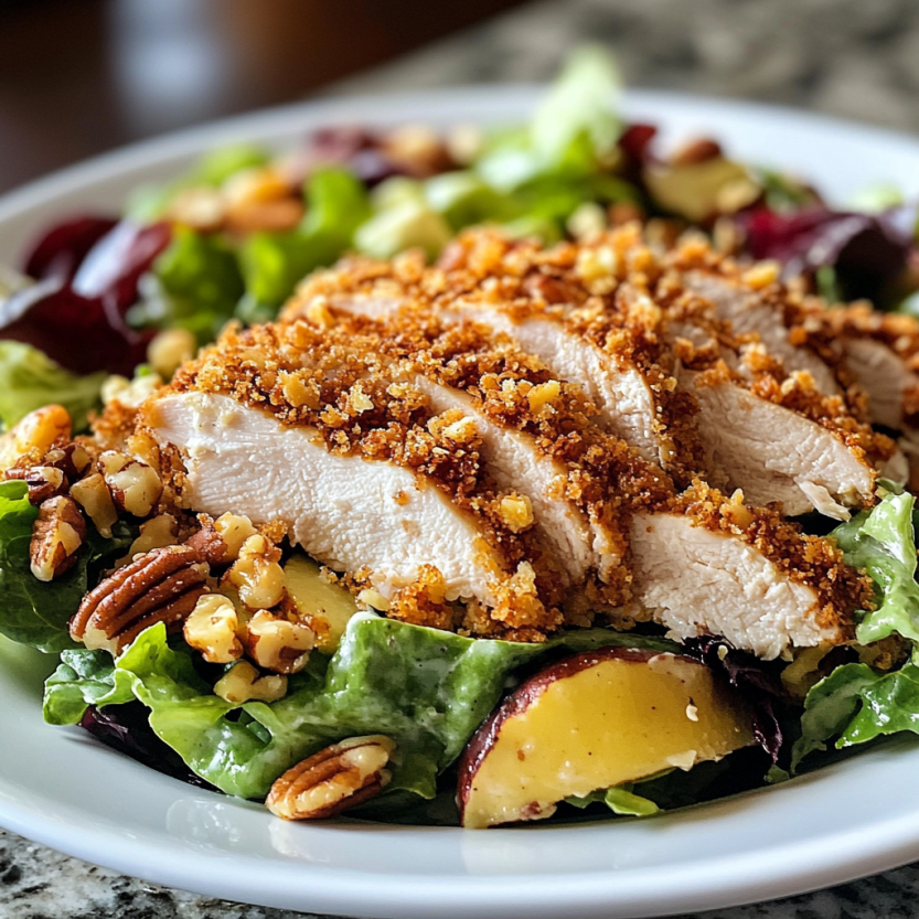Une salade de poulet croustillé avec des noix de pecan et des légumes.
