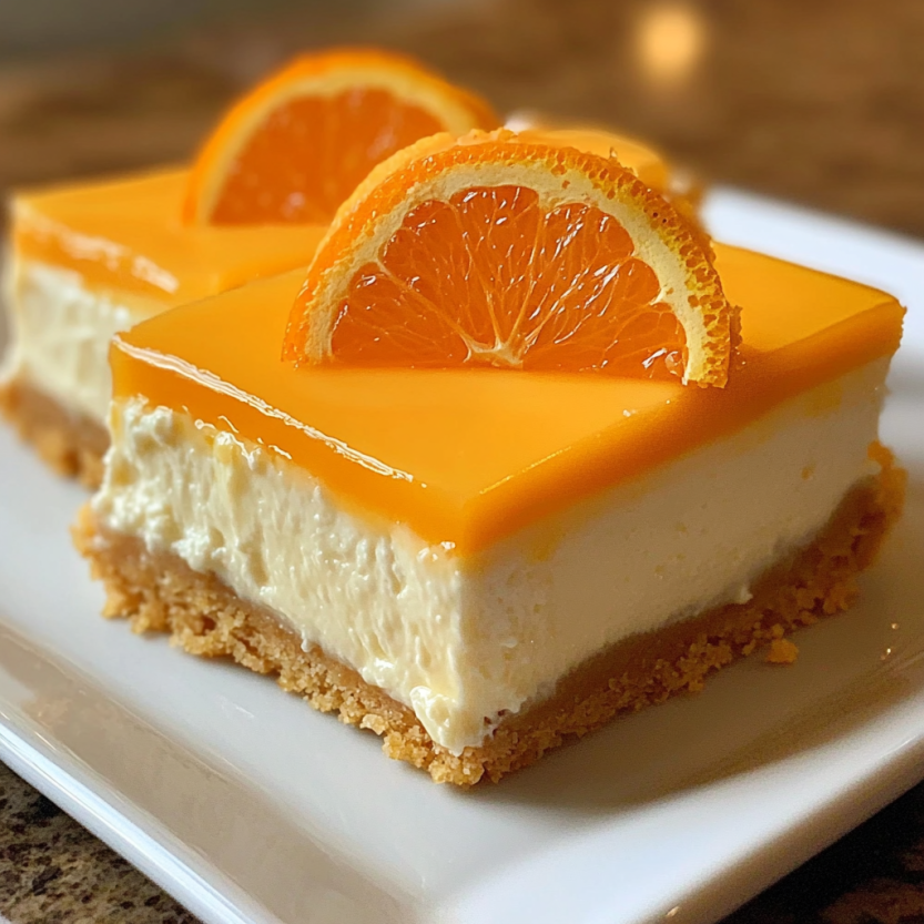 Des barres de cheesecake aux fruits, avec des oranges et des crustes de pâte brisée.