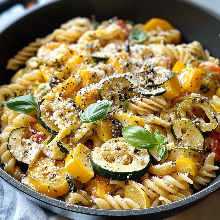 Une casserole de pasta avec des légumes verts et des herbes.