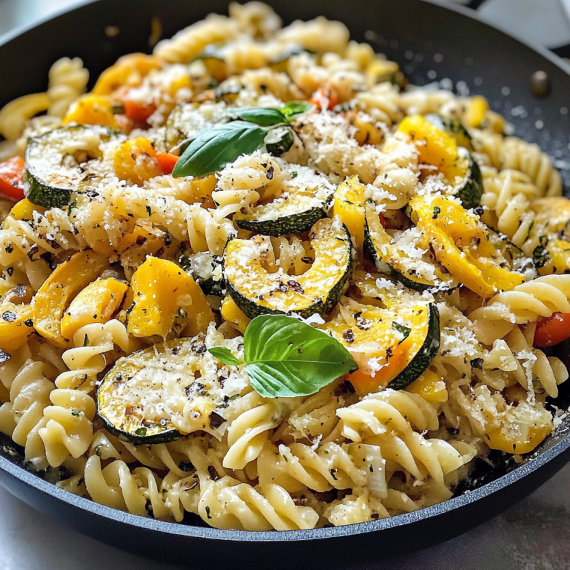Une casserole de macaroni avec des légumes verts et des herbes.