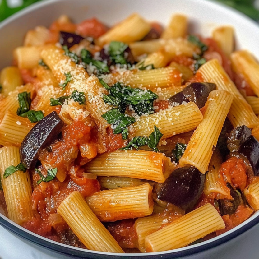 Une assiette de penne à la norma avec des légumes verts et des herbes.