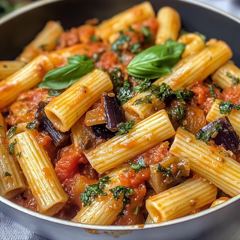 Une assiette de penne à la Norma, avec des légumes et des herbes.