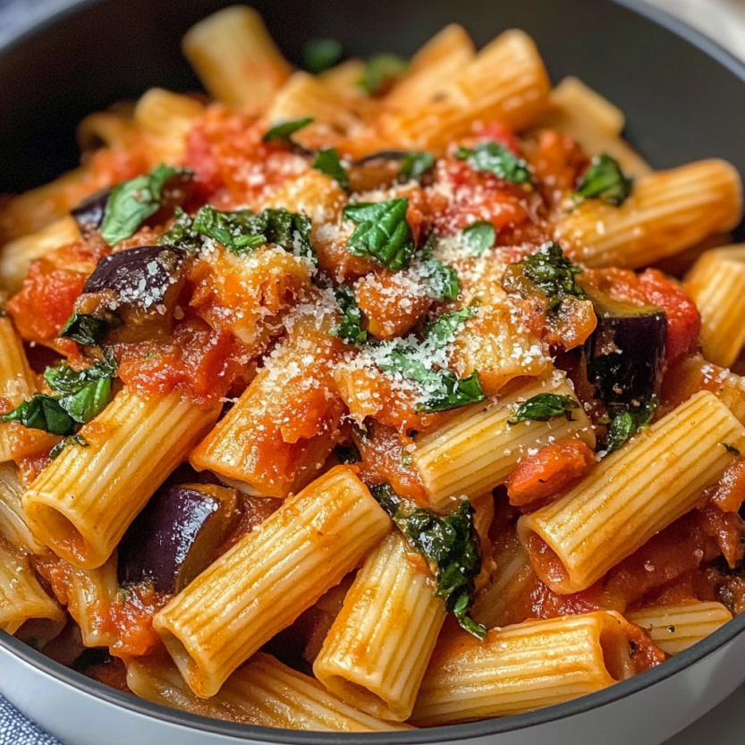 Une assiette de penne avec des légumes et des herbes.