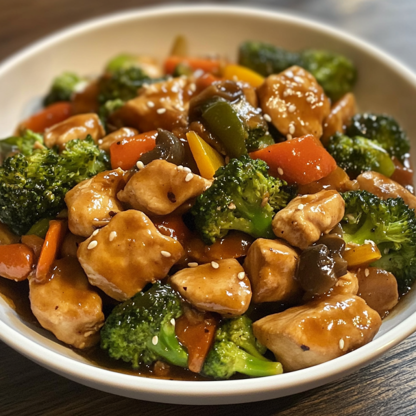 Une assiette de stir fry contenant des légumes et des morceaux de poulet.