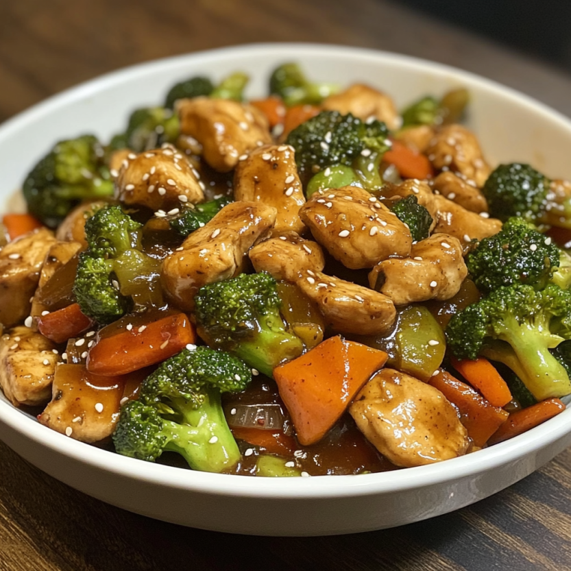 Une assiette de stir fry contenant des légumes et des poulet.