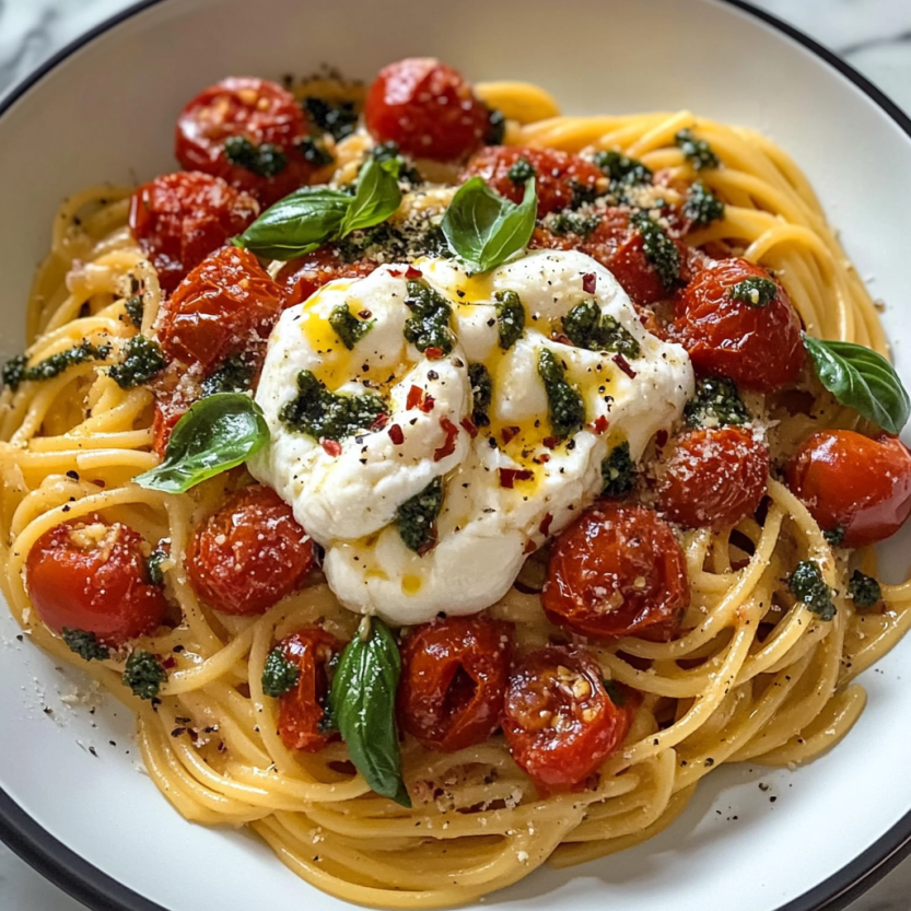 Une assiette de spaghetti avec des tomates et du fromage.