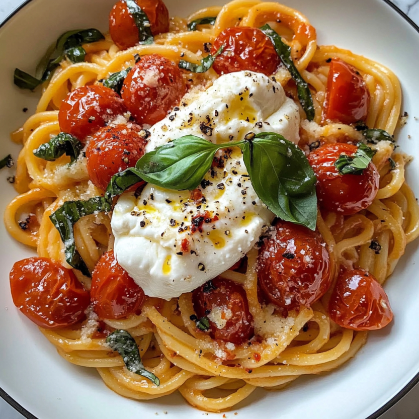 Une assiette de spaghetti avec des tomates et du fromage.