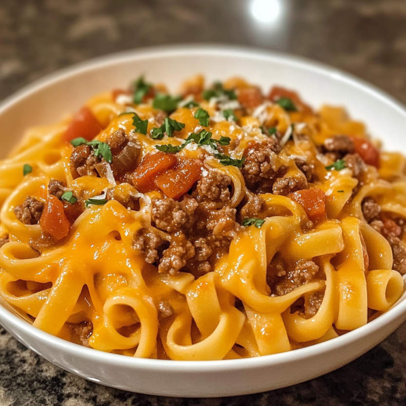 Une assiette de macaroni au fromage et à la viande de boeuf.