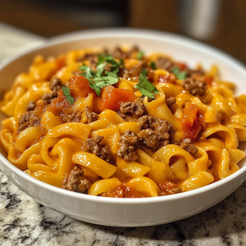 Une assiette de macaroni et de viande hachée, avec des légumes et des herbes, est servie sur une table de marbre.