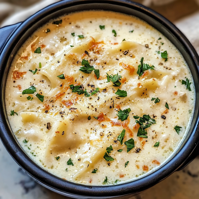 Une soupe de lasagna blanche dans un bol noir.