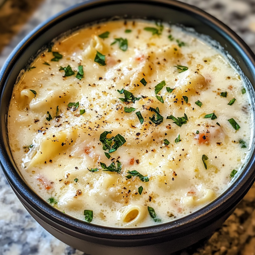 Une soupe de macaroni avec des herbes et des légumes.