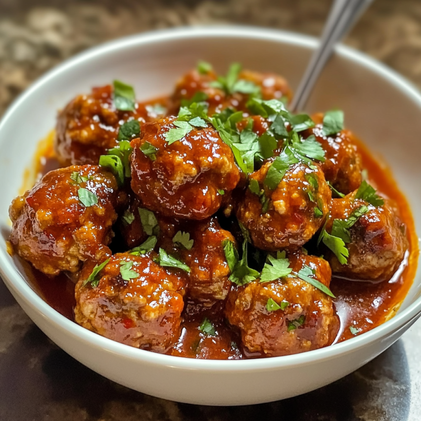Une assiette de boulettes de viande sucrées et épicées.