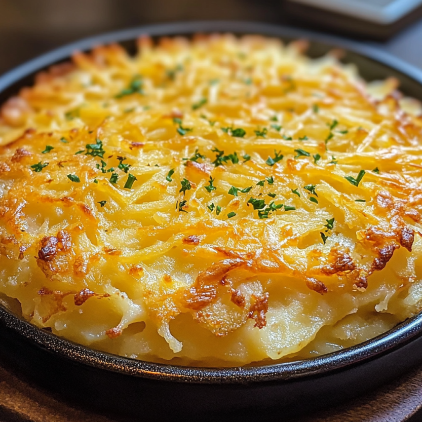 Une casserole de pommes de terre croustillantes et croquantes, garnie de herbes et de fromage.