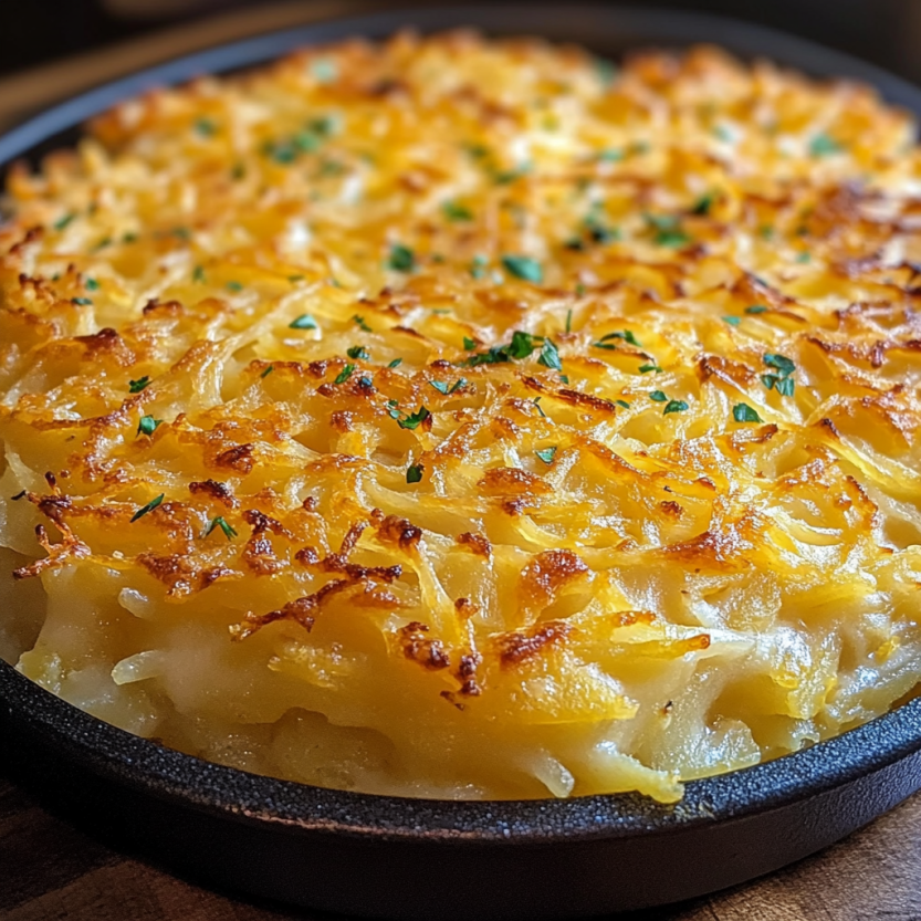 Une casserole de pommes de terre croustillantes et croquantes, avec des herbes et des épices, servie dans un plat en métal.
