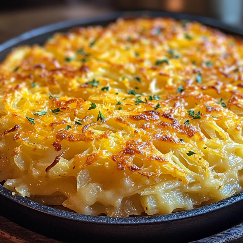 Une casserole de pommes de terre croustillantes et croquantes, servie dans un plat en fonte.