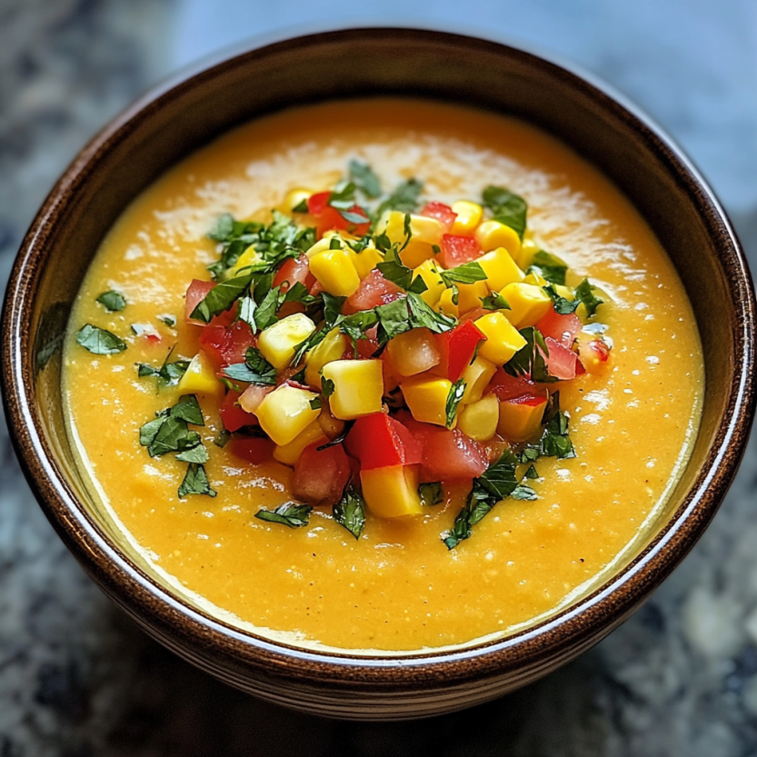 Une assiette de gazpacho de maïs avec des légumes verts et des tomates.
