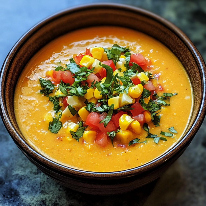 Une assiette de gazpacho de maïs avec des tomates et des épinards.