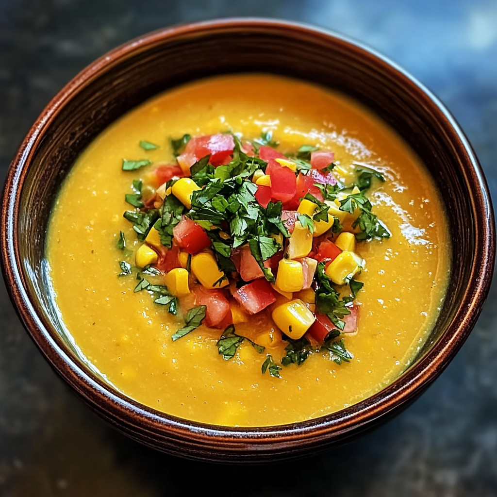 Une assiette de corn gazpacho avec des légumes verts et des tomates.