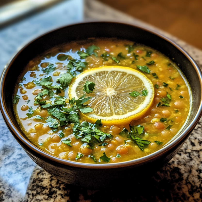 Une soupe de lentilles et de légumes, avec une cuillère de citron et de coriandre.