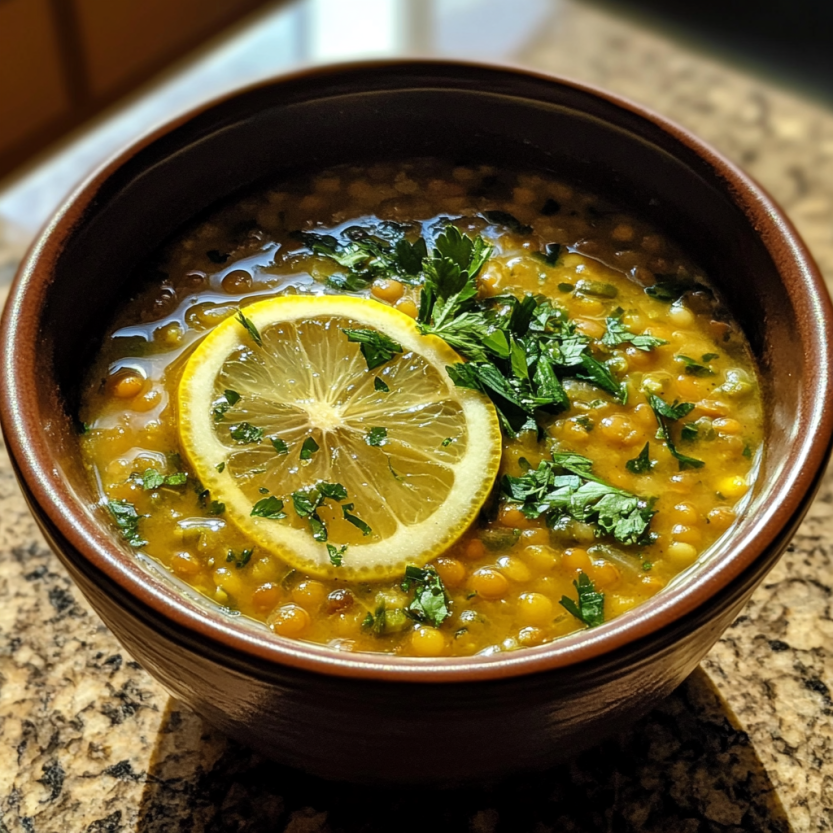 Une soupe de lentilles et de légumes, avec une cuillère de citron.