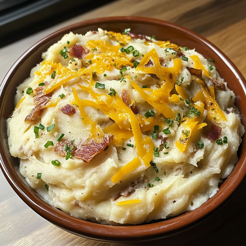 Une assiette de pommes de terre maison, cuites dans un bouillon sans bouillonnement, avec des herbes et des bacon.