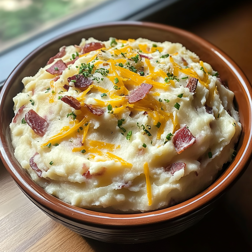 Une assiette de pommes de terre maison, cuites dans un crockpot, avec des herbes et des bacon.