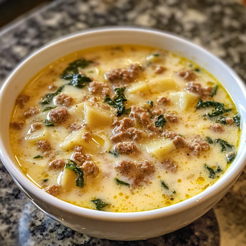 Une soupe à la crème avec des légumes et des viandes, ressemblant à une Zuppa Toscana.