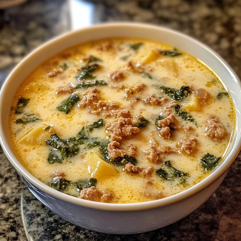 Une soupe au pesto et à la sauce tomate dans un bol.
