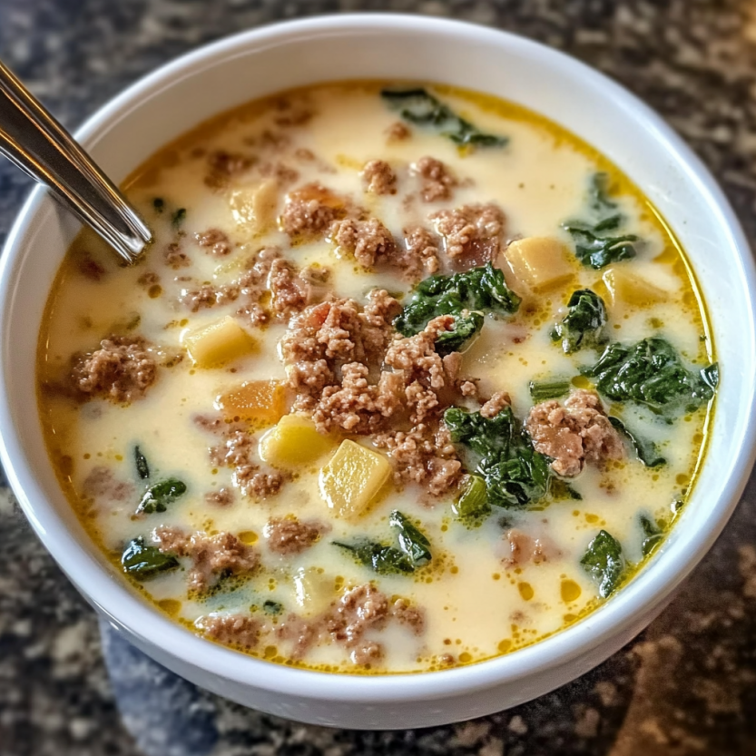 Une soupe au pesto et au bacon dans un bol.