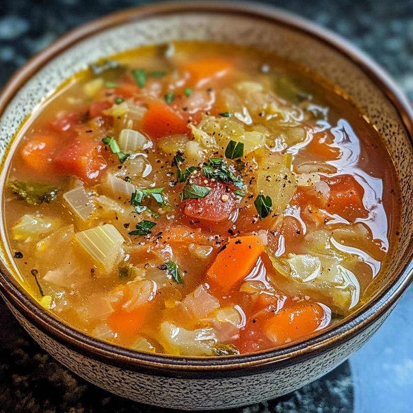 Un bol de soupe de chou contenant des légumes.