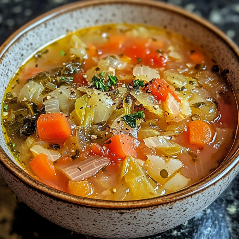 Un bol de soupe de chou contenant des légumes.