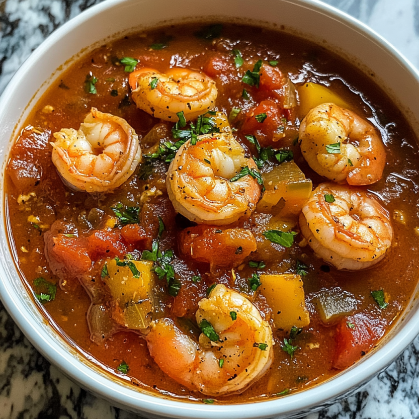 Un bol de bouillon de tomate et de langoustine avec des légumes verts.