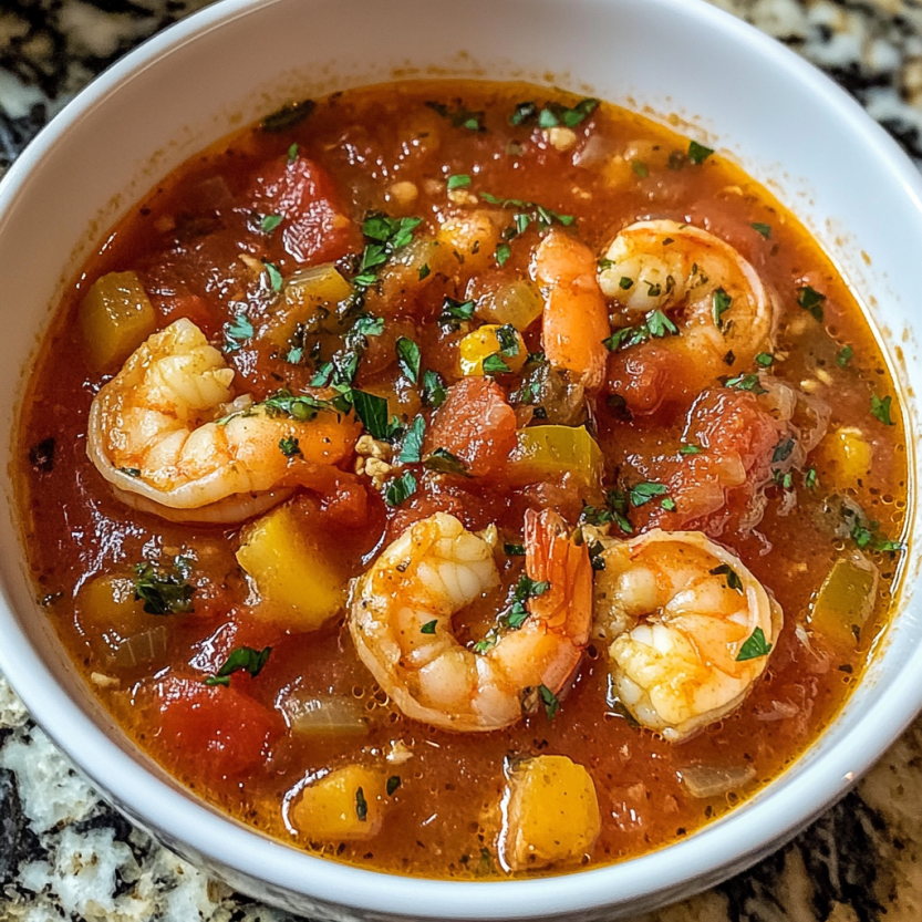 Un bol de bouillon de tomate et de langoustine.