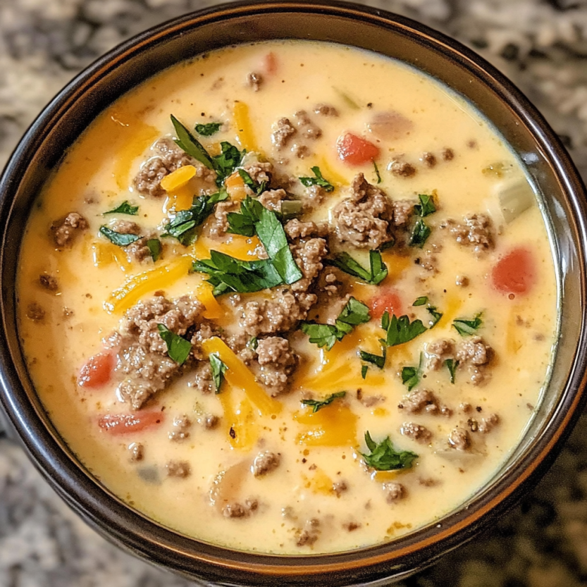 Une soupe de cheeseburger avec des légumes et des herbes.