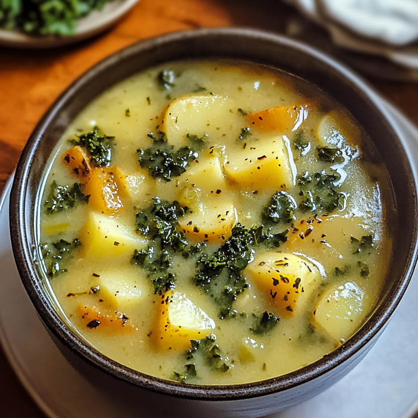 Une soupe de pommes de terre et de kale dans un bol.