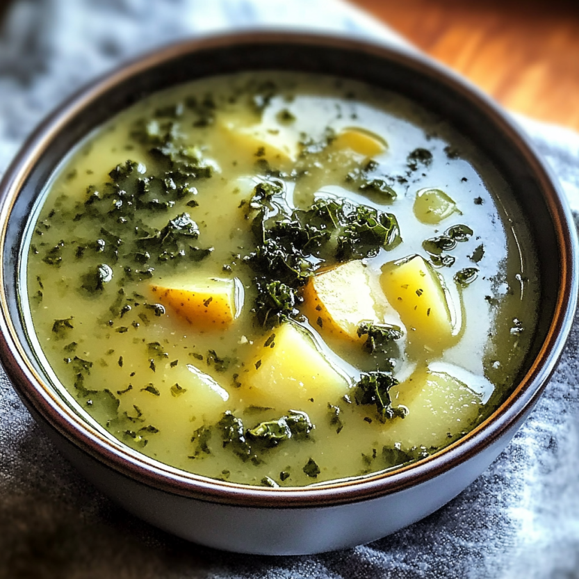 Un bol contenant une soupe de pommes de terre et de kale.