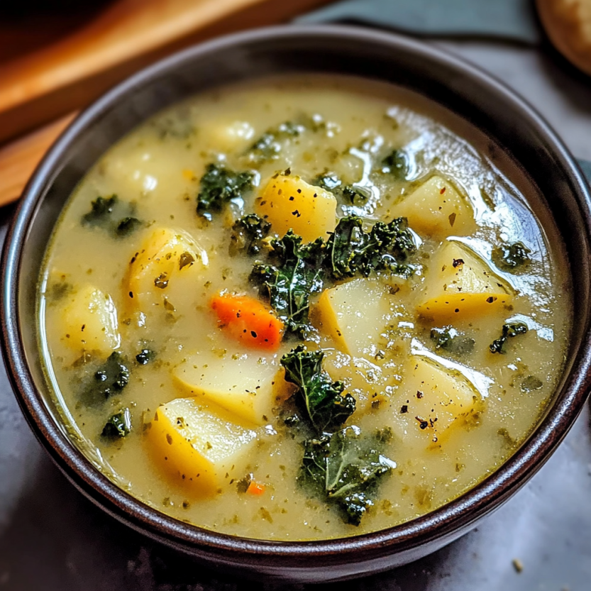 Un bol contenant une soupe de légumes et de pommes de terre.