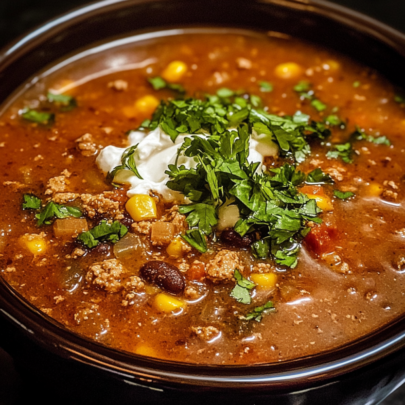 Une soupe de taco dans un bol noir.