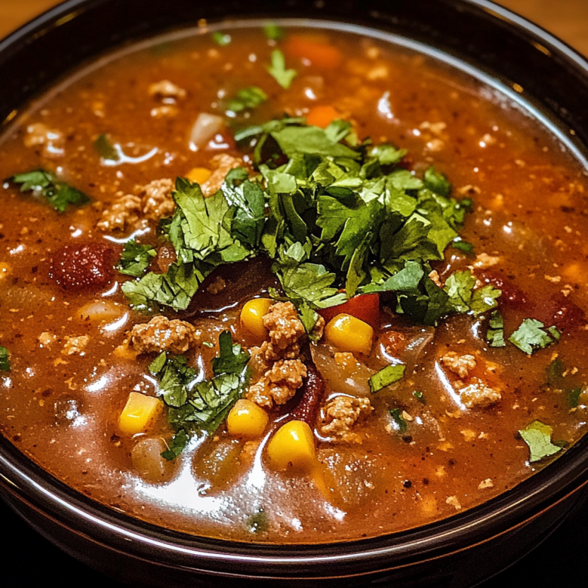 Une soupe de guacamole avec des légumes verts et des chorizos.