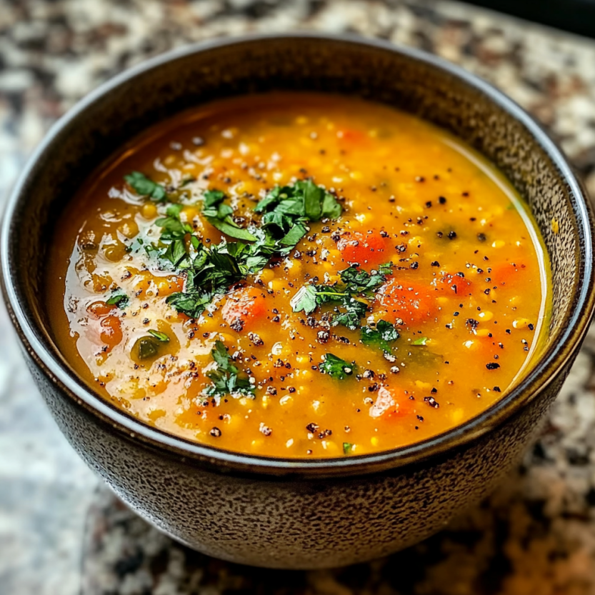 Une soupe de lentilles est servie dans un bol.