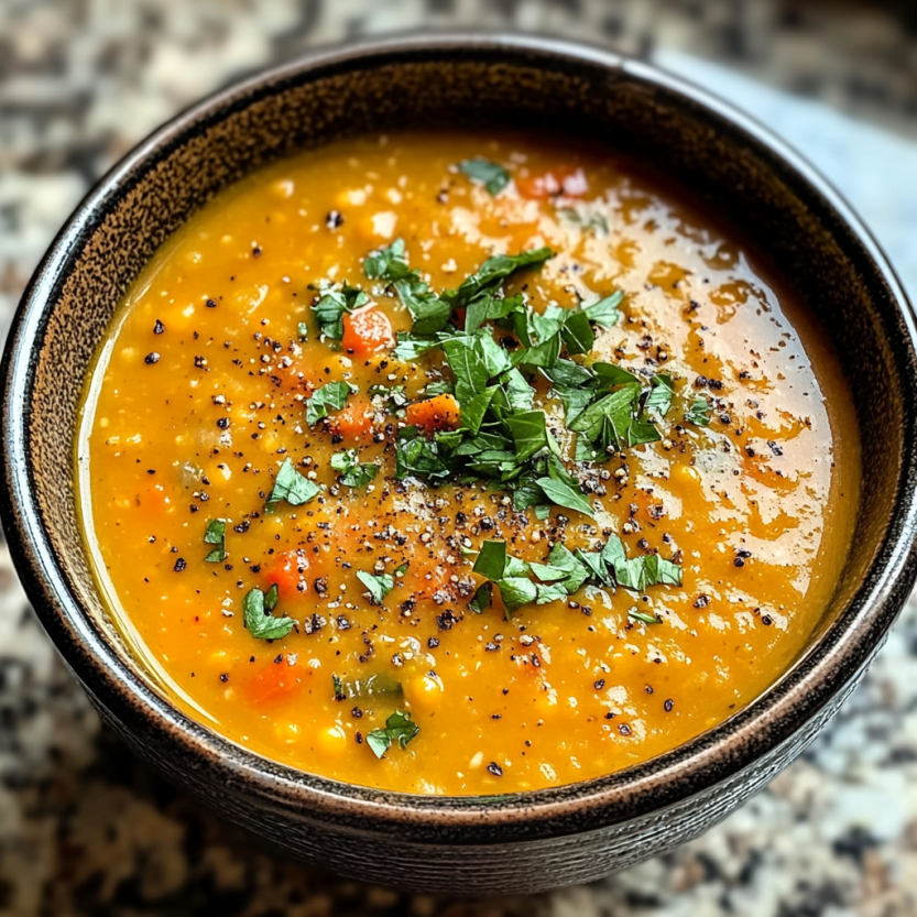 Une soupe de lentilles est servie dans un bol.