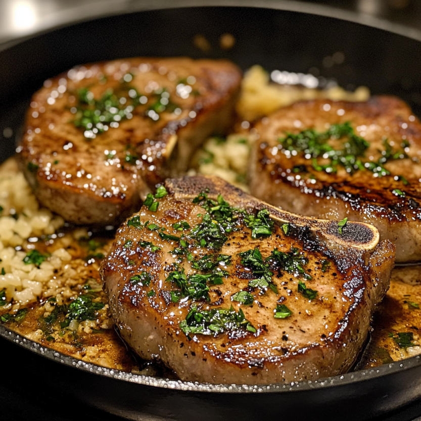 Pan seared pork chops dans un pan.