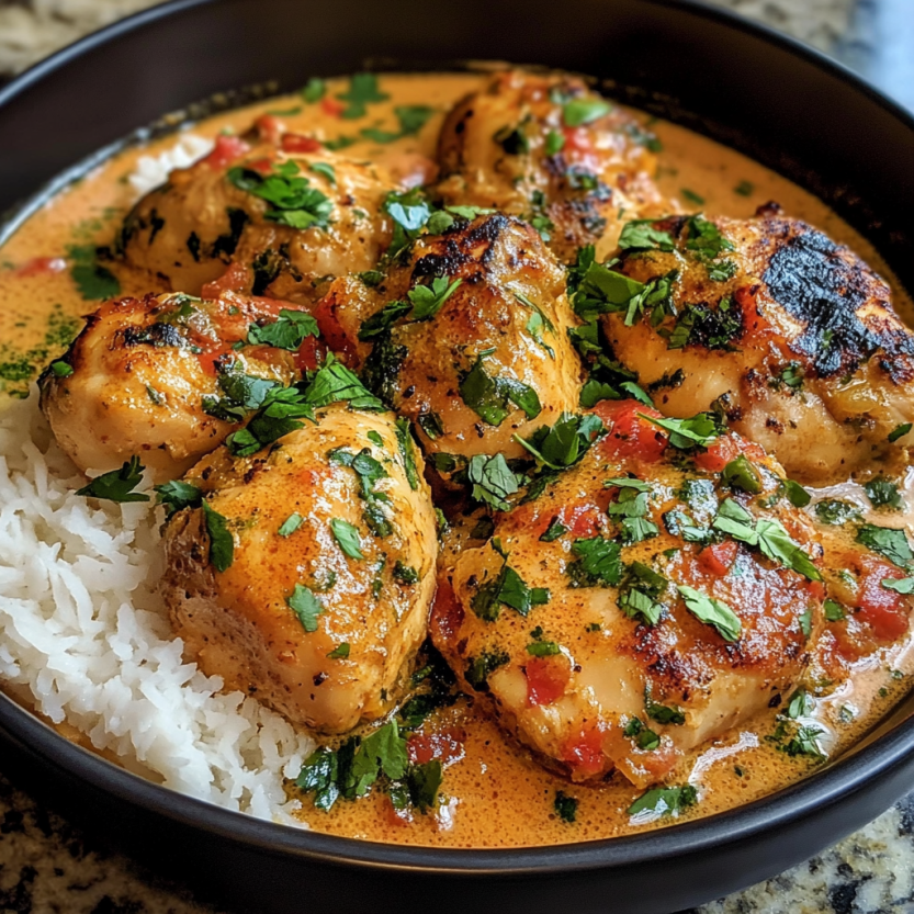 Un plat de poulet riche et épicé, servit sur une assiette de riz.