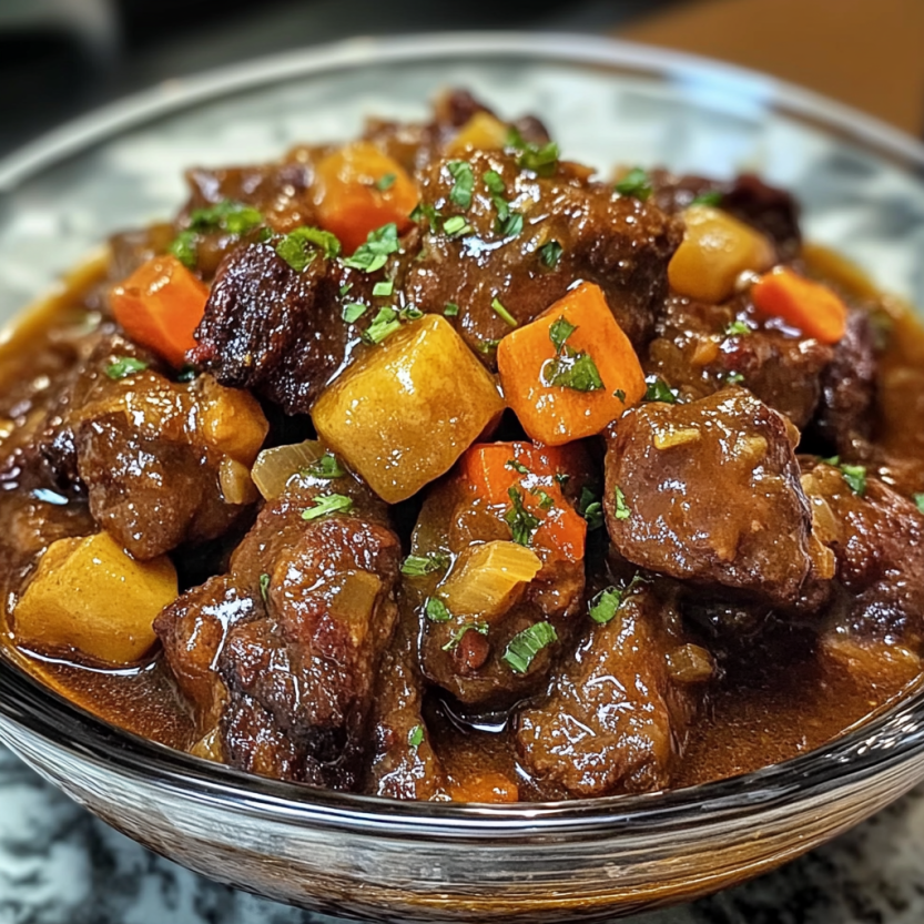 Une assiette de nourriture contenant des morceaux de viande et des légumes, avec une sauce brune.