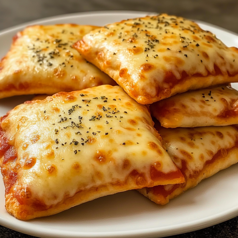 Quatre pockets de pizza avec des fromages et des herbes sur un plateau.